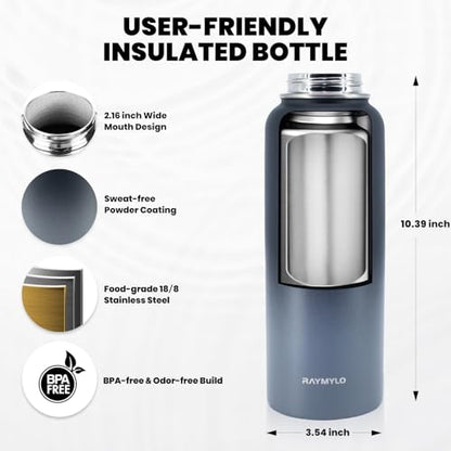 RAYMYLO Insulated Water Bottle 40 oz, Triple Wall Vacuum Stainless Steel - color: Dark Gray, size: 40 Ounces