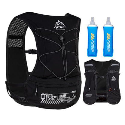 AWKSPORTS 5L Running Hydration Vest Backpack for Men Women, Adjustable & Lightweight, Front & Back Pockets for Essential Storage - style: Black with 2*500ml Flask
