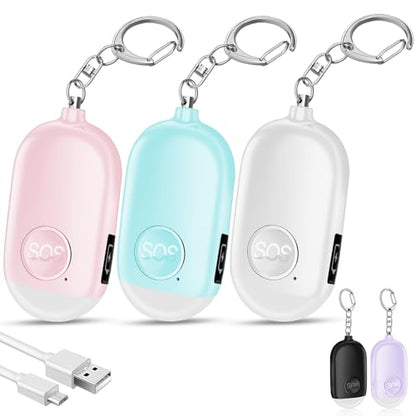 Hion Personal Safety Alarm for Women, 3 Pack Rechargeable 130dB Self Defense Alarm Keychain with LED Flashlight, Emergency Safe Sound Security for Children Elderly, White+Pink+Blue - color: White+pink+blue
