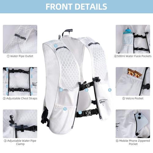 Hydration Backpack for Women Men, Lightweight Running Vest with 1.5L Water Bladder, Breathable Water Backpack for Hiking Running Cycling Climbing-White/Black - style: White