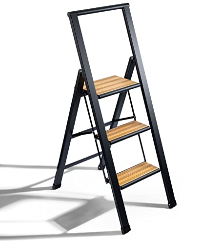 Step Ladder 3 Step Folding, Decorative - Beautiful Bamboo & Black Aluminum, Ultra Slim Profile, Anti Slip Steps, Sturdy-Portable for Home, Office, Kitchen, Photography Use,By SORFEY - color: Black, size: 3-Step