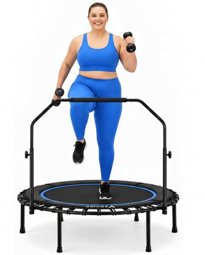 40"/46"/50" Bungee Rebounder Trampoline for Adults, 460LBS Low Impact Quiet Foldable Mini Trampoline, Easy Assembly Indoor Fitness Rebounder with Handle for Whole-Body Workout - color: Black-Blue, size: 46-Inch