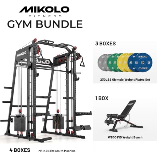 Mikolo M4 2.0 Smith Machine, 2200lbs Squat Rack with LAT-Pull Down System & Cable Crossover Machine, Training Equipment with Leg Hold-Down Attachment - color: Black, size: M4 2.0 Elite Package (with Color BP230lbs)