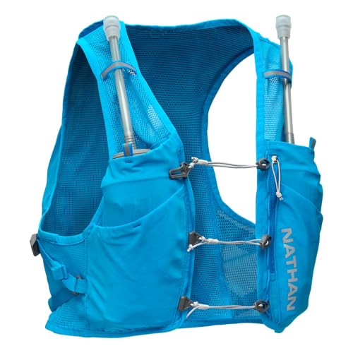 Nathan Hydration Vest - Lightweight, Quick-Fit Fix, Reflective, 4L Storage, Six Pockets, Two 14oz Flasks, Pinnacle Breeze - size: XX-Large, style: Electric Blue