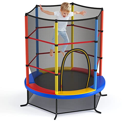 GYMAX Toddler Trampoline, 55” Trampoline for Kids with Bottom-to-Top All-Round Enclosure Net & Seamless Jumping Mat, ASTM Approved Easy Assembly Kids Mini Trampolines Indoor/Outdoor - color: Colorful