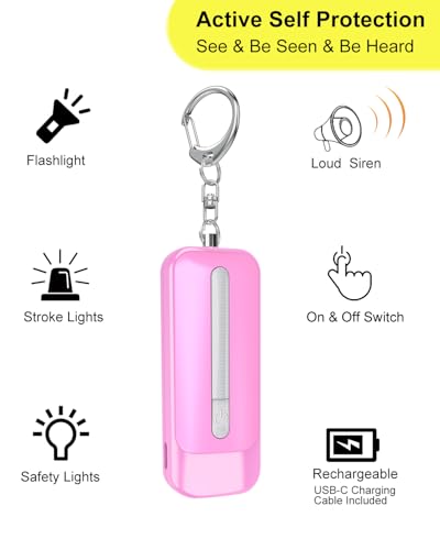 Personal Alarm for Women, Rechargeable with Safety Lights & Low Battery Notice, 130dB Siren with LED Flashlight Strobe Light for Emergency, Dual Light Sources Safety Keychain - color: pink