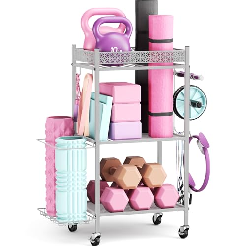 VOPEAK Home Gym Storage Rack, 3-Tier Yoga Mat Storage with Wheels & Hooks - color: GRAY
