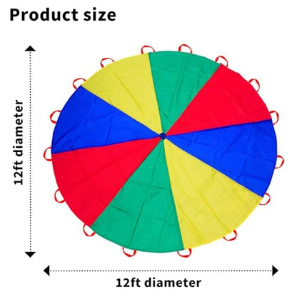 Parachute 13ft/ 16.4ft/ 20ft - Kids Play Gymnastics Parachute with Handles for Group Team Cooperative Games,Indoor Outdoor Gym Class Rainbow Parachute Birthday Church VBS Activity Supplies - size: 12ft