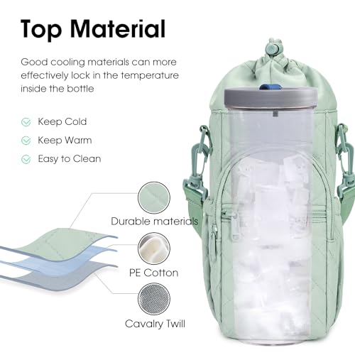 sportsnew 40oz Insulated Crossbody Water Bottle Bag Gym Hiking Phone Pocket - color: Quilt Green