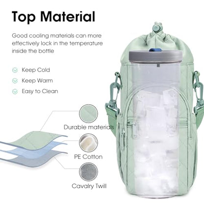 sportsnew 40oz Insulated Crossbody Water Bottle Bag Gym Hiking Phone Pocket - color: Quilt Green