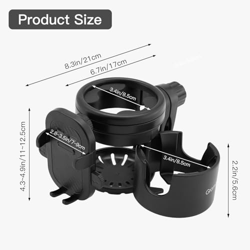 Gromast Universal Stroller Cup Holder with Phone Holder, 3-in-1 Detachable Drink Holder 360° Rotatable, Adjustable Cup Holder for Baby Stroller, Tricycle - Black - color: Black-4-in-1