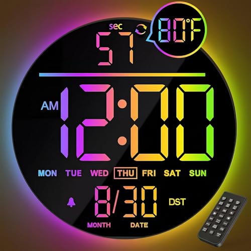 JALL 10" Large Digital Wall Clock with Remote, RGB Color, Big LED Display, Alarm Countdown Timer, DST, Temperature, Decor for Bedroom Living Room Gym Gaming Room, Classroom, Gift for Student Teacher - color: Rgb, size: 10 inches