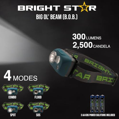 Bright Star B.O.B "Big Ol' Beam" 300 Lumen LED Headlamp Dark Teal, Auxiliary Red LED, 4 Modes, Hands-Free Lighting, Waterproof, Batteries Included, Perfect for Outdoor, Industrial, Emergency - color: Dark Teal