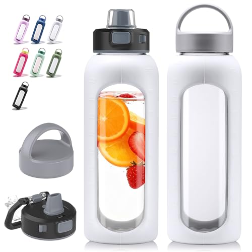 Kodrine Glass Water Bottle 32 oz with Straw and 2 Lids, White - color: White, size: 32 Ounces