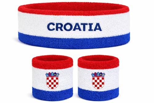 Suddora Country Headband & Wristbands Set (Includes 2 Wrist & 1 Head Sweatband), Highly Moisture Wicking - color: Croatia