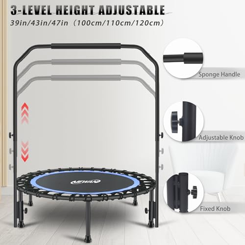 Newan 40" Silent Mini Trampoline with Adjustable Handle Bar Fitness Trampoline Bungee Rebounder Jumping Cardio Trainer Workout for Adults - Max Limit 330 lbs - color: blue