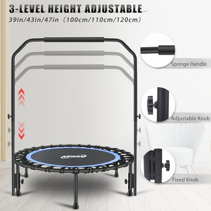 Newan 40" Silent Mini Trampoline with Adjustable Handle Bar Fitness Trampoline Bungee Rebounder Jumping Cardio Trainer Workout for Adults - Max Limit 330 lbs - color: blue