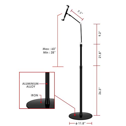 Adjustable Metal Tablet Phone Stand Mount Holder Compatible with Ipad Pro, Ipad Air.iPad mini,iPhone,Great for Office/Bed/Zoom/Netflix (Built in Cup/Phone Tray) (Black)