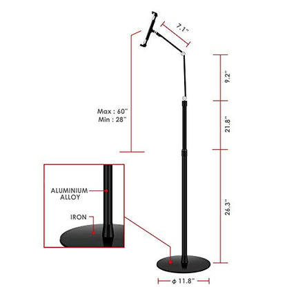 Adjustable Metal Tablet Phone Stand Mount Holder Compatible with Ipad Pro, Ipad Air.iPad mini,iPhone,Great for Office/Bed/Zoom/Netflix (Built in Cup/Phone Tray) (Black)