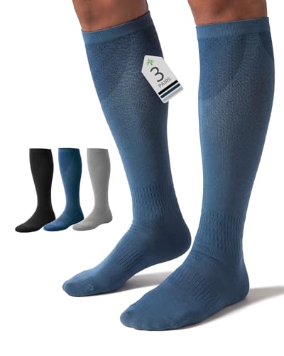 FAIRWIN Bamboo Viscose Compression Socks for Men Women, 15-20 mmHg Knee High Soft Support for Nurse Running Travel Work - color: Black/Grey/Blue, size: Large-X-Large