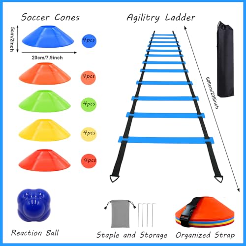 Agility Training Equipment Set Includes Workout Ladder, Dis Cones, Reaction Ball and Carry Bag - Drills Speed Kit for Soccer Basketball