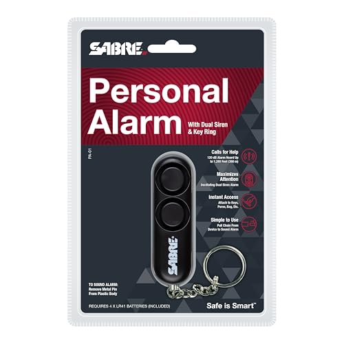 SABRE Personal Alarm With Key Ring, 120dB Alarm, Audible Up To 1,280 Feet (390 Meters), Simple Operation, Reusable, Black - color: Black Personal Alarm