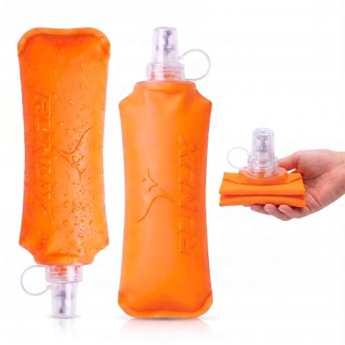 2 Pack Soft Flask 500ml/17oz, Collapsible TPU Soft Water Bottle for Running Vest & Hydration Pack, Leak-Proof Running Flask with Bite Valve for Marathon Hiking Cycling (Orange) - color: Orange