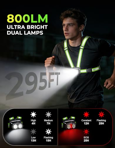Viccux 800LM Ultra Bright & 7+2 Modes Running Lights for Runners with Rear Light, 45° Beam & 360° Reflective Vest, IPX4 Waterproof Reflective Running Vest for Night Walking/Jogging, 4-25Hrs Runtime
