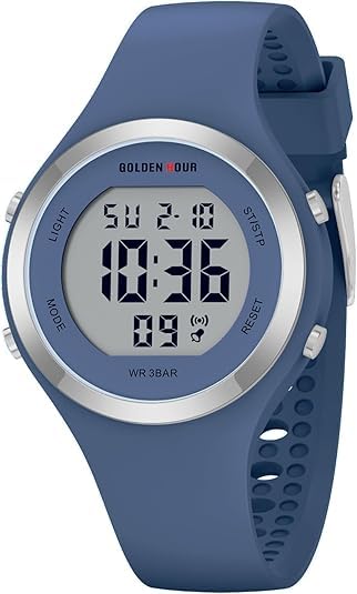 GOLDEN HOUR Waterproof Sport Women's Digital Chronograph Silicone Strap Watch - color: Navy Blue