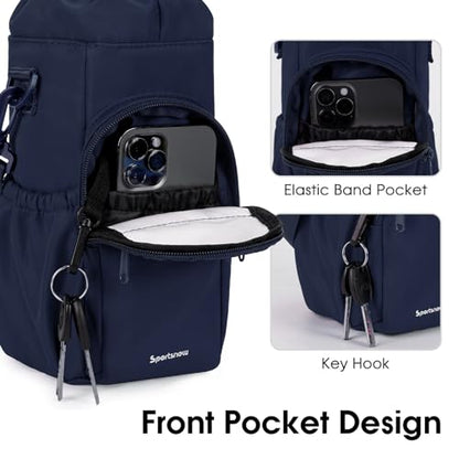 sportsnew 40oz Insulated Crossbody Water Bottle Bag Gym Hiking Phone Pocket - color: Navy Blue