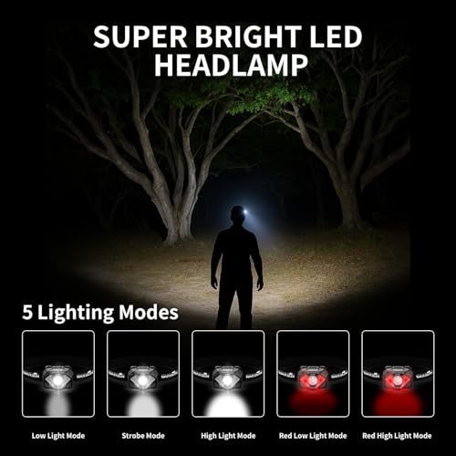 WARSUN WH02 LED Headlamp, Rechargeable Headlamp with Motion Sensor, Ultra-Light Bright Head Light with Dual Power, 5 Modes Red White Light for Hiking, Running, Fishing