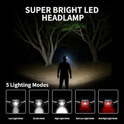WARSUN WH02 LED Headlamp, Rechargeable Headlamp with Motion Sensor, Ultra-Light Bright Head Light with Dual Power, 5 Modes Red White Light for Hiking, Running, Fishing