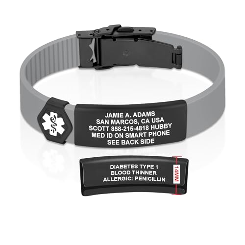 Divoti Custom Dual-Sided Engraved Silicone Medical Alert ID Wristband w/Security Clasp & Trim-to-Fit Band - Style - color: Concrete Gray / PVD Black / White, size: Band Width - 13mm