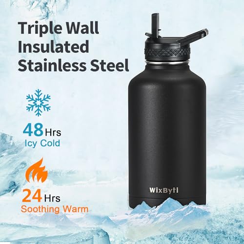 WixByti 64oz Insulated Water Bottle, Half Gallon Stainless Steel Water Jug - color: Black, size: 64 Ounces