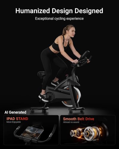 Exercise Bike,Brake Pad Stationary Bike for Home with 0-100 Resistance & App, Silent Belt Drive Stationary Workout Bike for Home with Comfort Seat, Low Noise Indoor Cycling Bike with Heart Rate / Tablet & Bottle Holder