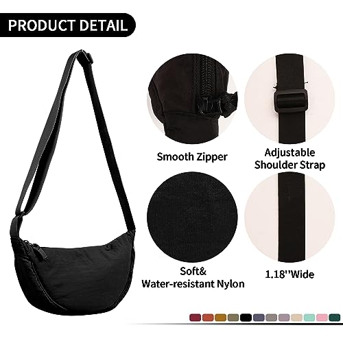 Nylon Crescent Crossbody Bag for Women Purses Trendy Men,Small Travel Sling Bag Hobo - color: Black, size: Large