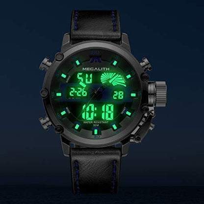 MEGALITH Mens Watches Waterproof Digital Military Sport Tactical Multifunction Heavy Duty Led Rugged Watch for Men, Alarm Stopwatch, Nylon/Leather Strap - color: 6-Black Blue