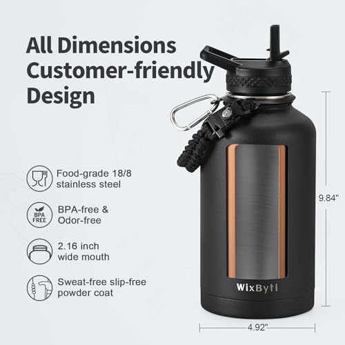 WixByti 64oz Insulated Water Bottle, Half Gallon Stainless Steel Water Jug - color: Black, size: 64 Ounces
