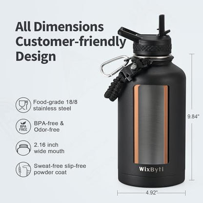 WixByti 64oz Insulated Water Bottle, Half Gallon Stainless Steel Water Jug - color: Black, size: 64 Ounces