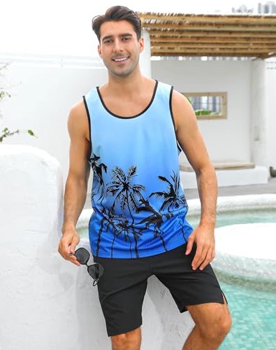 uideazone Mens Beach Tank Tops Summer Graphic Sleeveless Workout Shirt - color: Palm Tree Blue, size: XX-Large