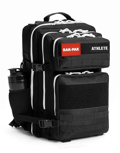 45L Tactical Gym Backpack with 2 Patch Panels, MOLLE System, Dual Bottle Holders & Clamshell Opening (Black and White) - color: Black and White