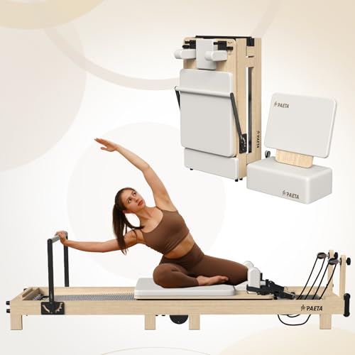 Pilates Reformer, PAETA 92" Wooden Pilates Reformer Machine with Springs, Pilates Machines for Home Use and Studio, Pilates Equipment with Sitting Box, Jump Board and Accessories - color: Ivory