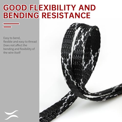 Braided Cable Management Sleeves, High Density PP Cotton Mixed PET Yarn Wire Loom for Automotive Wiring Harness & PC Computer Case Pets No Chew (Black White Black, 4mm (5/32")-49ft) - color: Black White Black, size: 4mm (5/32")-49ft