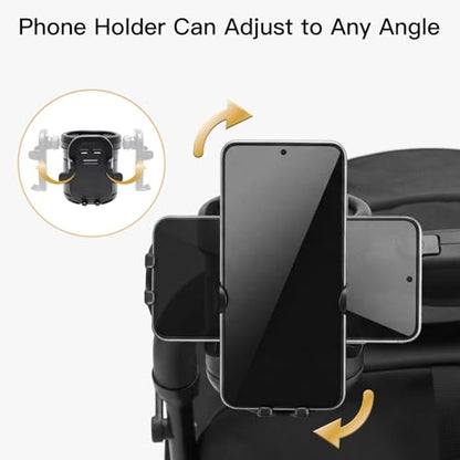 Gromast Universal Stroller Cup Holder with Phone Holder, 3-in-1 Detachable Drink Holder 360° Rotatable, Adjustable Cup Holder for Baby Stroller, Tricycle - Black - color: Black-4-in-1