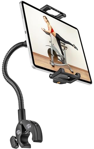 Gooseneck Spin Bike Tablet Holder [Large Clamp] [Thick Case Friendly] Treadmill Tablet Mount for Exercise Bike, Stationary Bicycle, Stroller, Wheelchair for iPad Pro Air Mini, Galaxy, iPhone (6-15.6”)