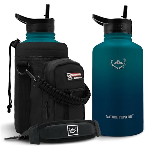 NATURE PIONEOR 64 oz Insulated Water Bottle with Carrier Bag & 3 Lids - color: Malachite Blue, size: 64 Ounces