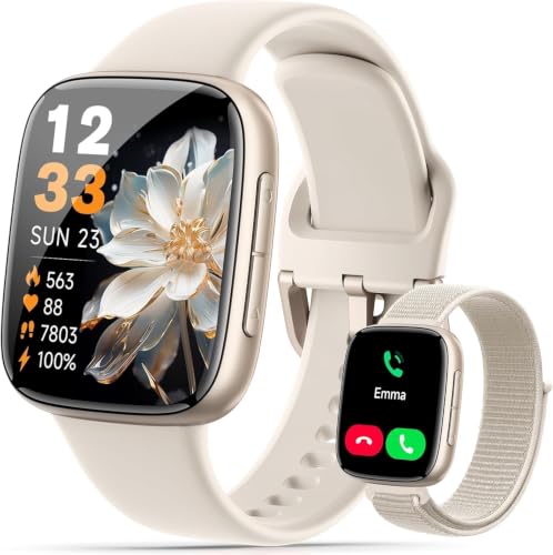 Smart Watches for Women Men, 1.8" HD AMOLED Smart Watch for Android iPhone, 3ATM Waterproof, Bluetooth Calls/Messages, Heart Rate Monitor, Sleep Tracker, 120+ Sports Modes Fitness Watch, 2 Bands - color: Beige