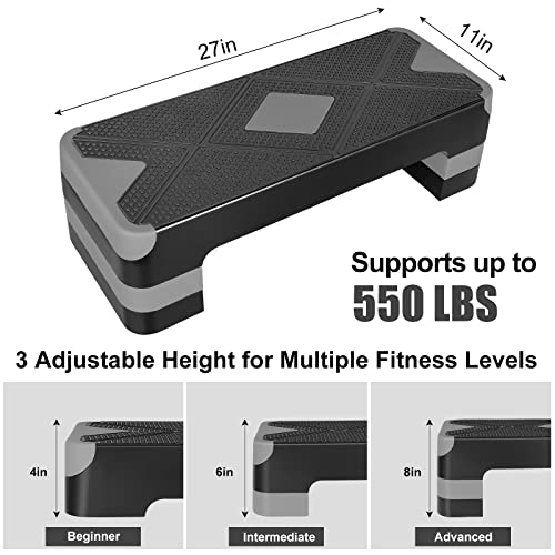 27" Exercise Workout Aerobic Step Platform with Adjustable 4"-6"-8" Risers - color: Gray