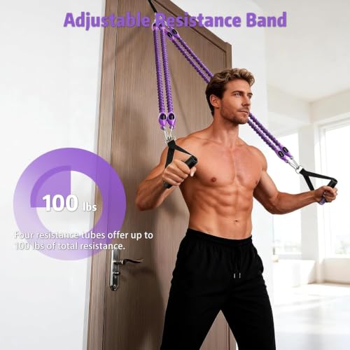 Pedal Resistance Band with Handle, Aturien Adjustable Powerful 4-Tube Elastic Bands for Exercise, Multifunctional Foot Pedal Puller, Home Workout Equipment for Legs Arms Abs - color: Purple