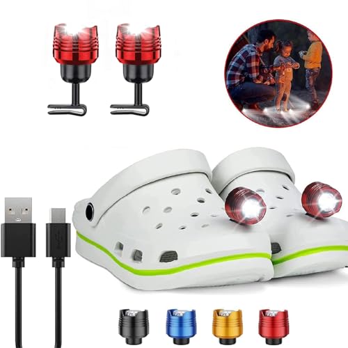 2 Pcs Rechargable Metal Red Headlights for Shoes, Outdoor Waterproof LED Flashlight , Clip on Crock Light Attachment Charm, Accessories for Camping, Cycling, Walking, 3 Light Modes, Last 72 Hour - color: Red, size: 2 PCS